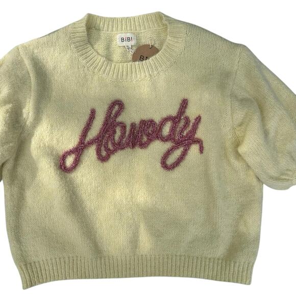 Howdy BIBI XL NWT Cream Yellow Glitter Pink Short Sleeve Preppy Western Sweater - Picture 1 of 6